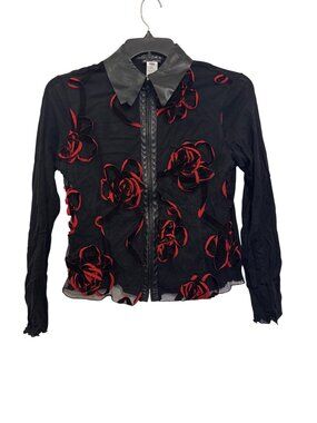 Bella Pelle Black Rose Embroidered Sheer top  Womens Size L